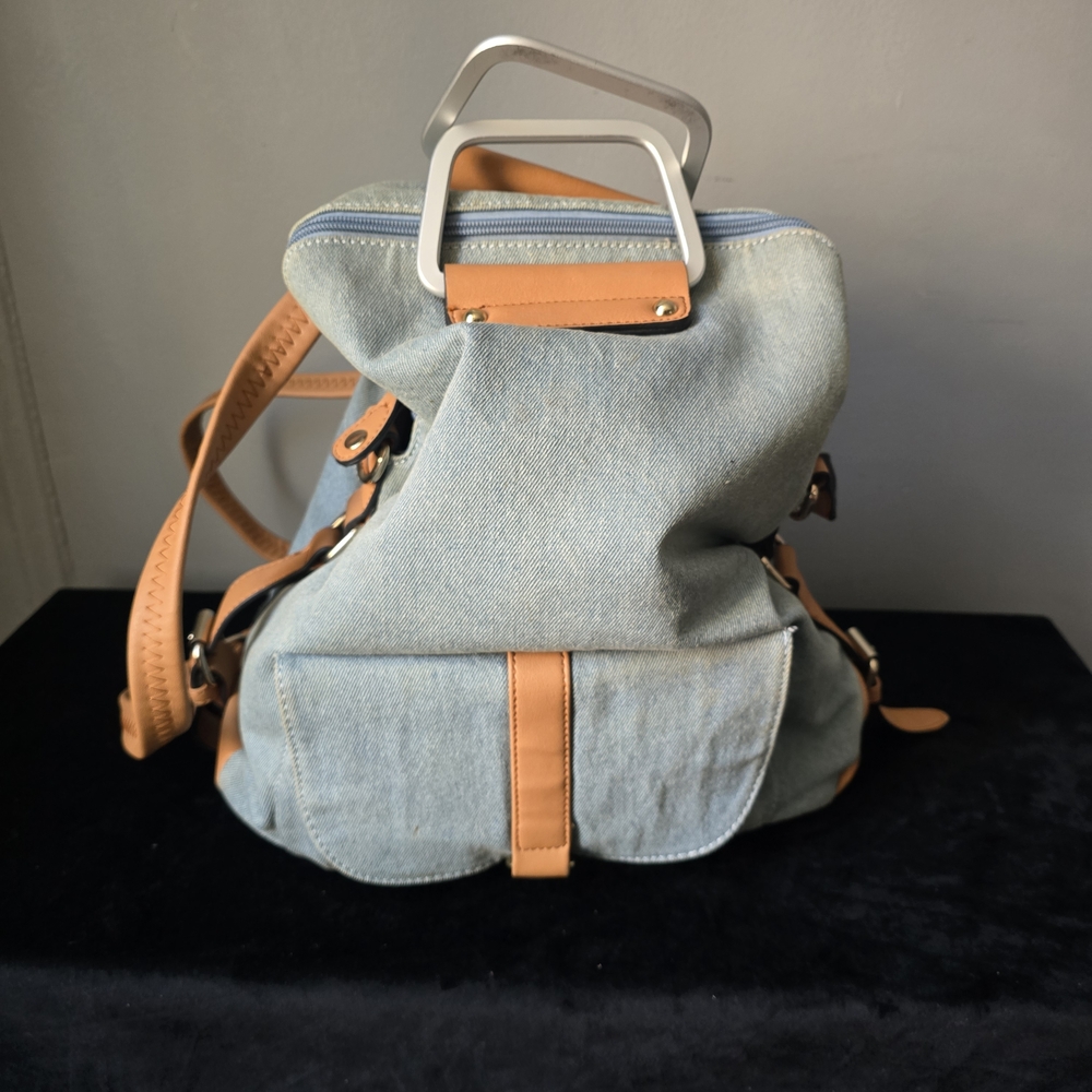 Denim and Tan Leather Accent Backpack - Unbranded